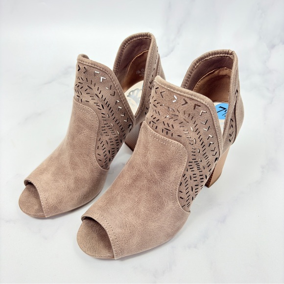 Fergalicious Women's Taupe Peep-Toe Heeled Booties - Picture 8 of 10